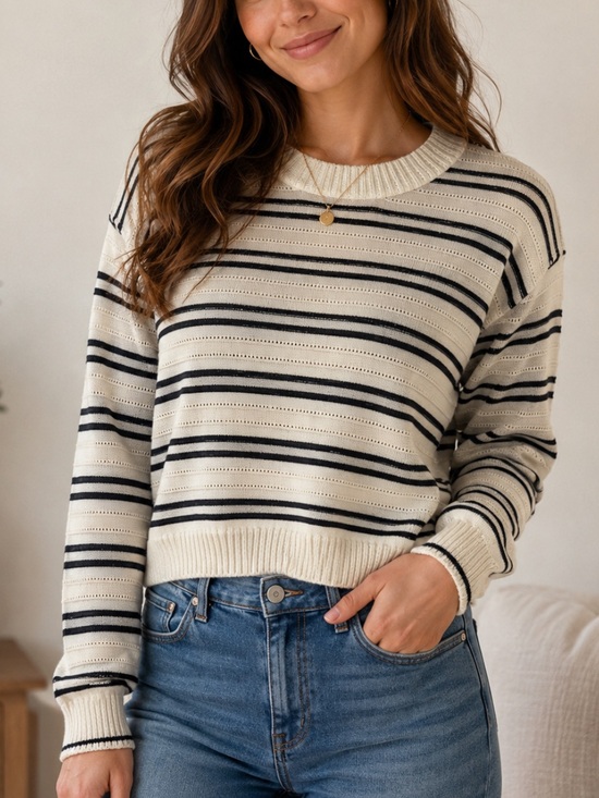 Madewell Sweaters - Madewell 100% Cotton Striped Crewneck Sweater in Cream and Black Size M